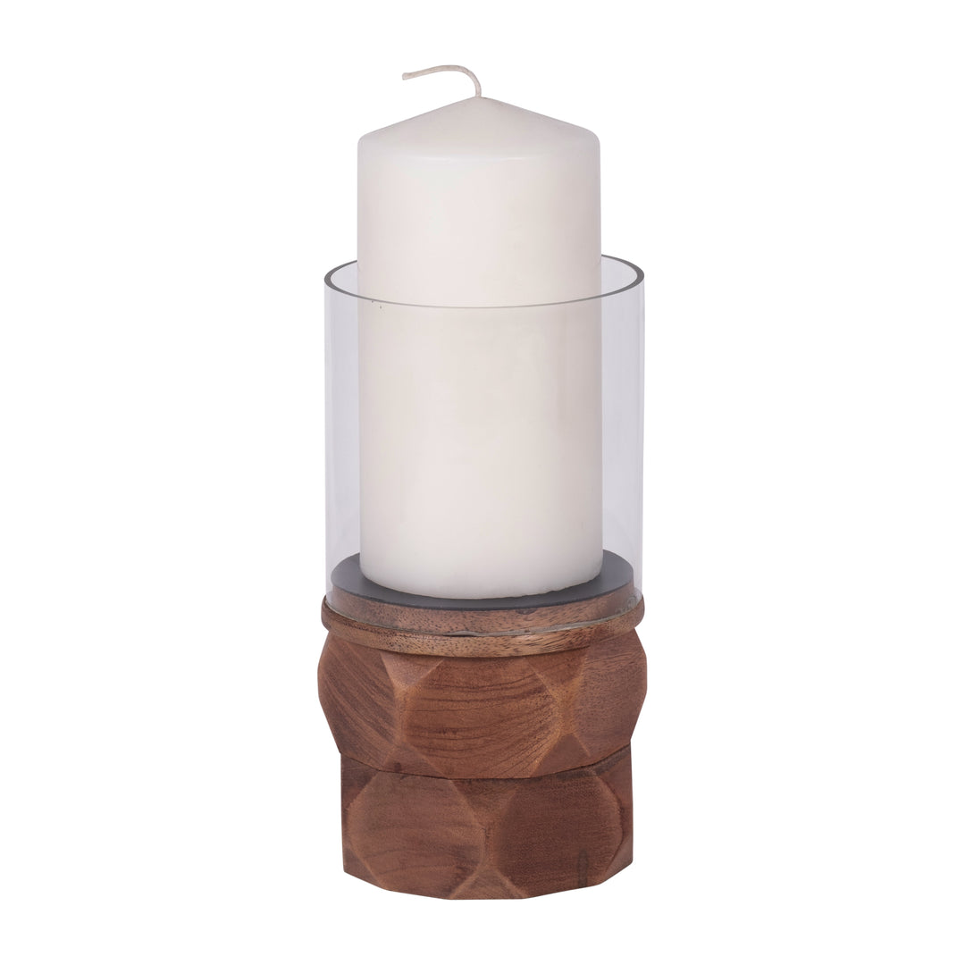 WOOD, 8" STACKED HEXAGON PILLAR HURRICANE, BROWN