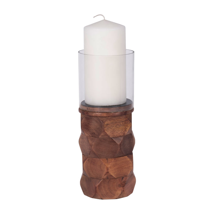 WOOD, 10" STACKED HEXAGON PILLAR HURRICANE, BROWN