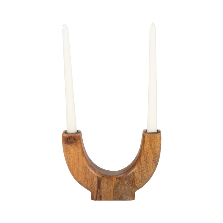 WOOD, 8" HALF CIRCLE 2-TAPER CANDLEHOLDER, NATURAL