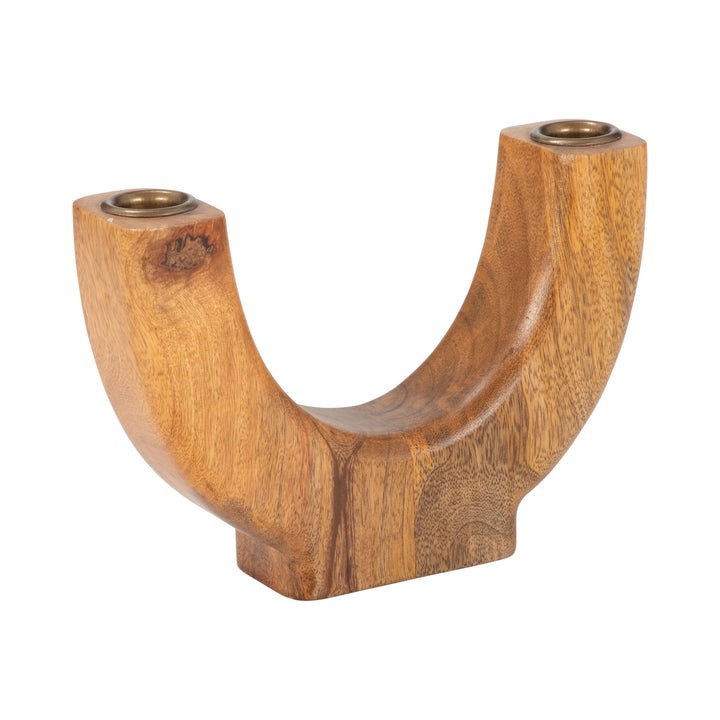 WOOD, 8" HALF CIRCLE 2-TAPER CANDLEHOLDER, NATURAL