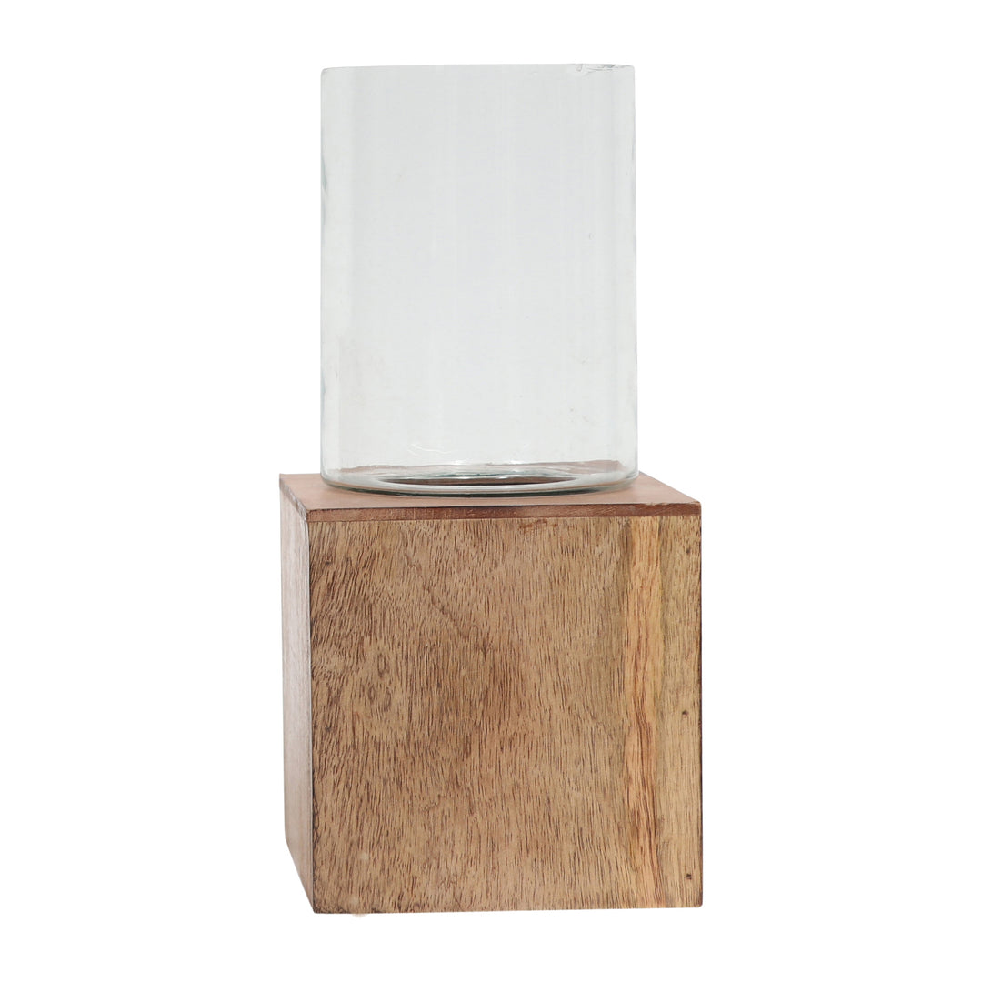 WOOD, 13" SQUARE BASE PILLAR HURRICANE, NATURAL