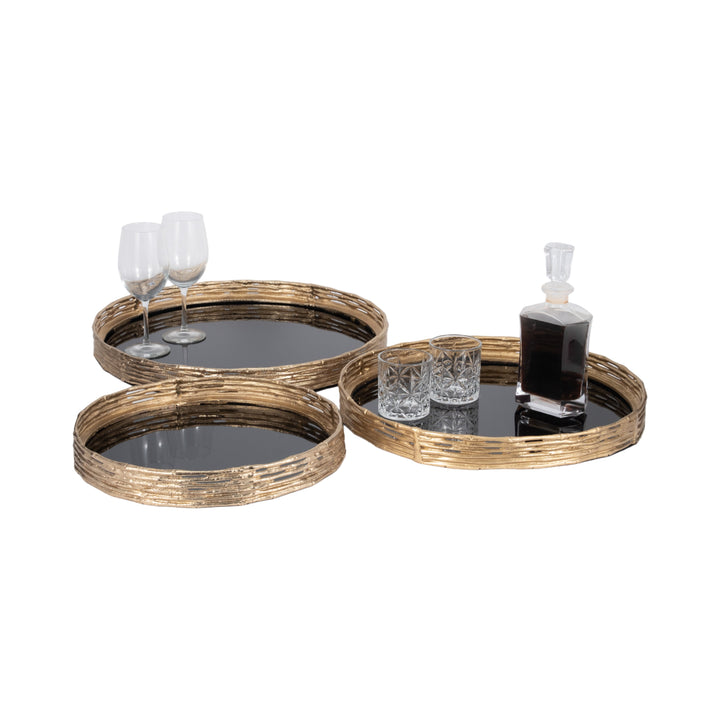 METAL, S/3 16/19/21" ROUND TRAYS, GOLD/BLACK