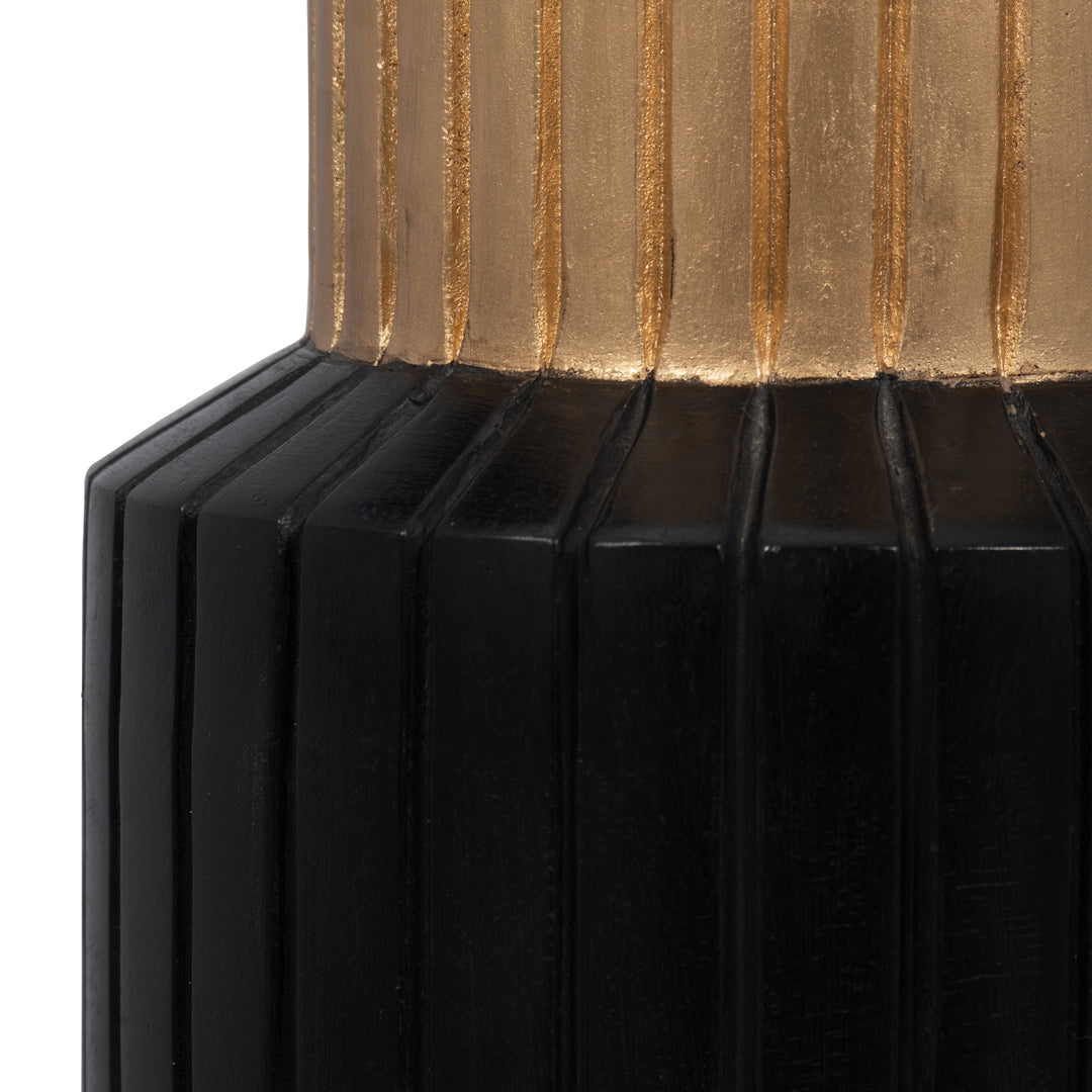 WOOD, 14" CARVED TOTEM VASE W GOLD TOP, BLACK/GOLD