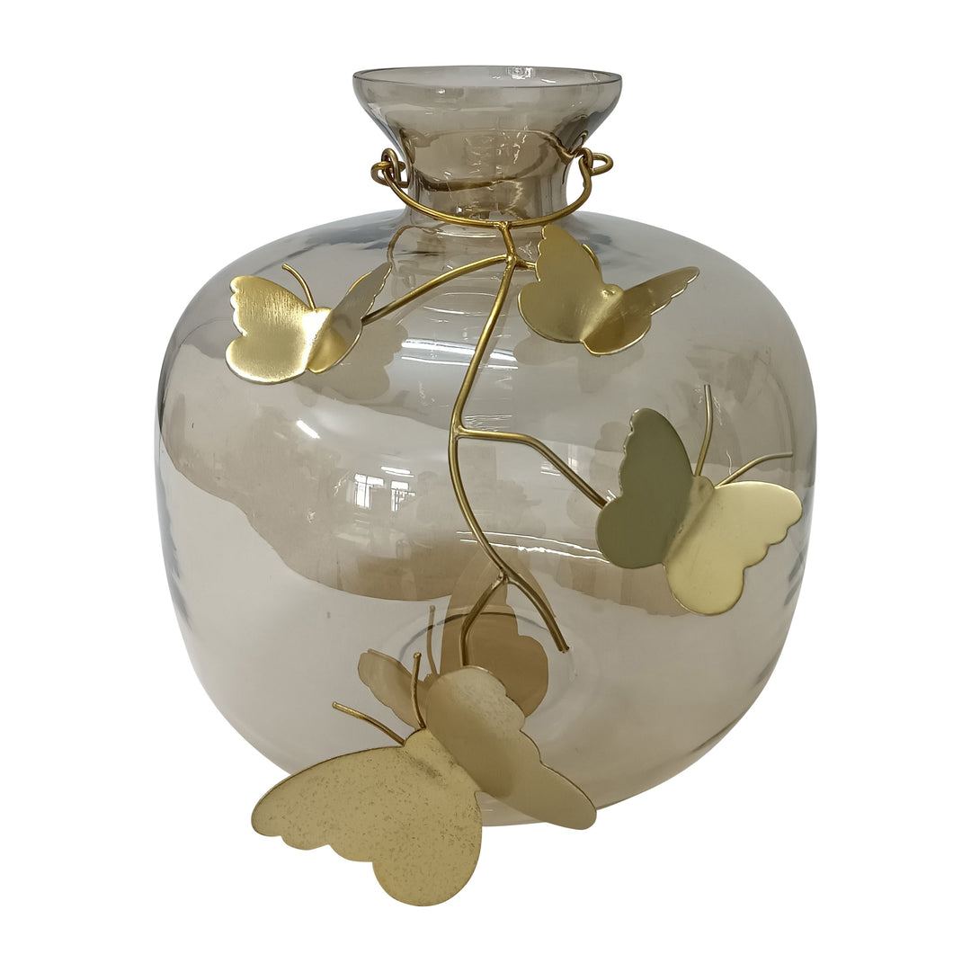 GLASS, 10" VASE W/ BUTTERFLY GARLAND, GOLD