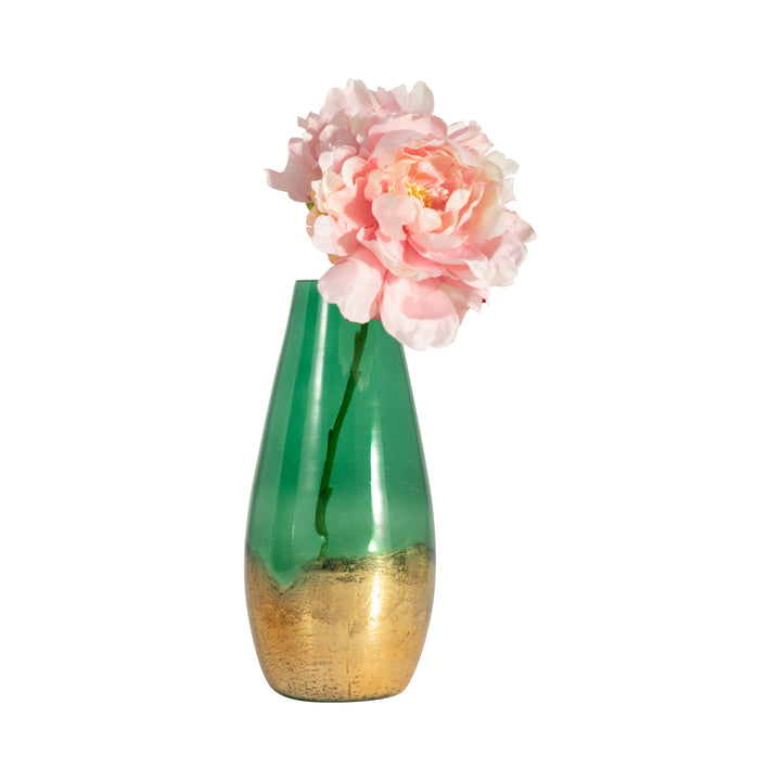 GLASS, 11" GOLD DIPPED VASE, GREEN