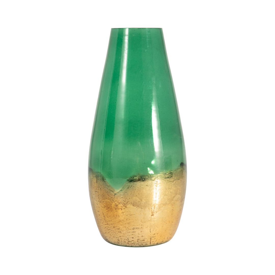 GLASS, 11" GOLD DIPPED VASE, GREEN