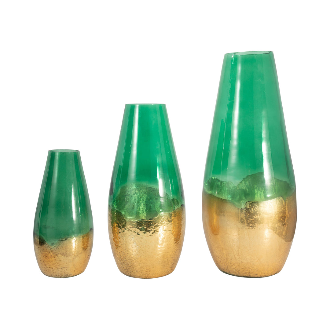 GLASS, 11" GOLD DIPPED VASE, GREEN