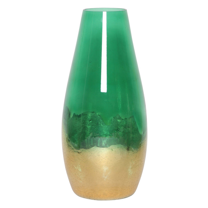 GLASS, 15" GOLD DIPPED VASE, GREEN