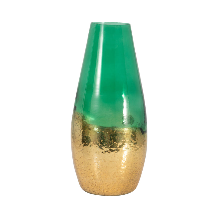 GLASS, 15" GOLD DIPPED VASE, GREEN