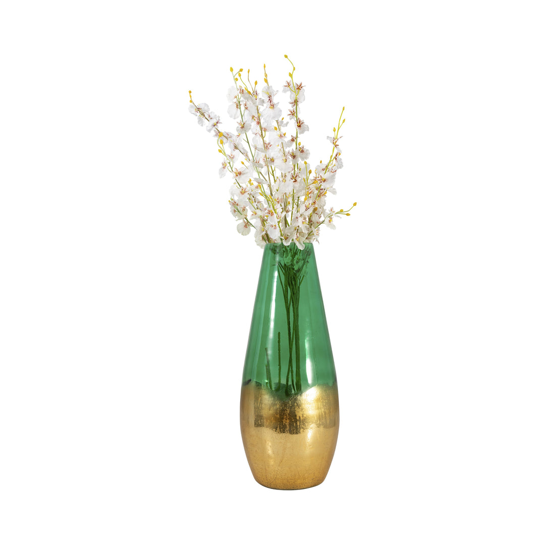 GLASS, 19" GOLD DIPPED VASE, GREEN