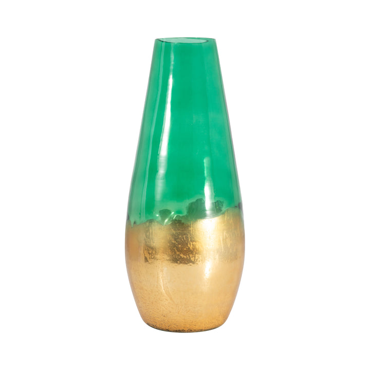 GLASS, 19" GOLD DIPPED VASE, GREEN