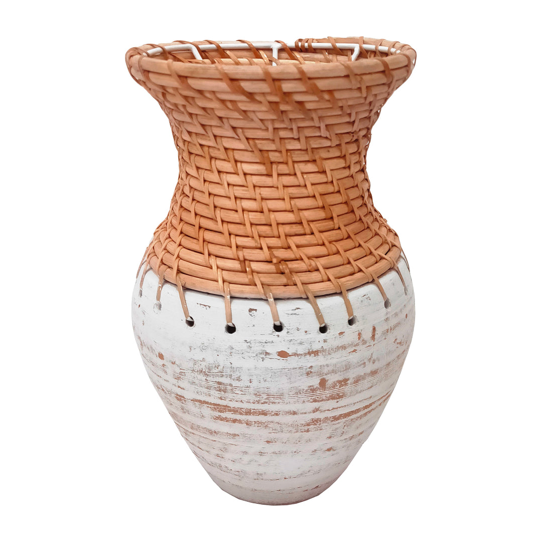 CLAY, 11" VASE WITH WOVEN TOP, WHITE/NATURAL