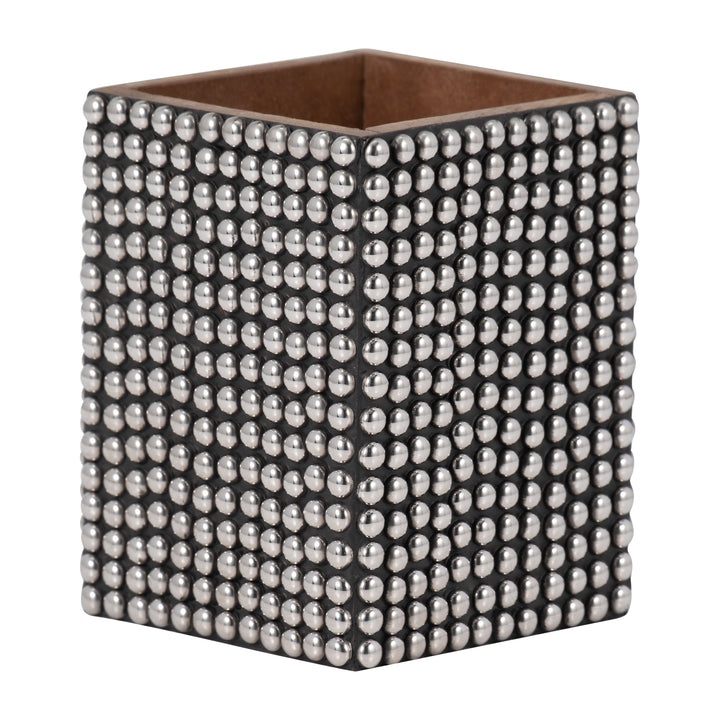 WOOD, 4" STUDDED PENCIL CUP, SILVER/BLACK