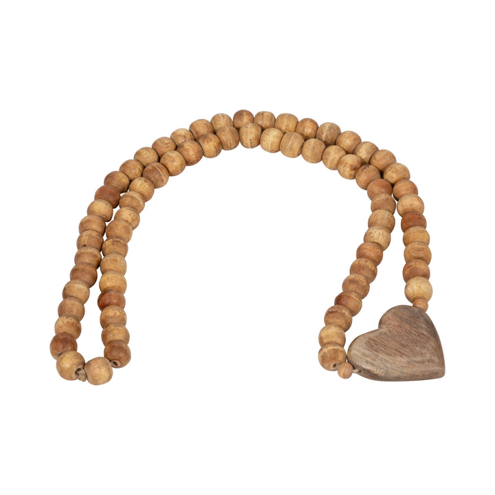 WOOD, 26" BEADED GARLAND WITH HEART, NATURAL