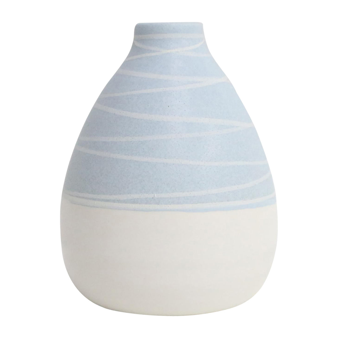 CER, 6" TRIBAL VASE , BLUE/WHT