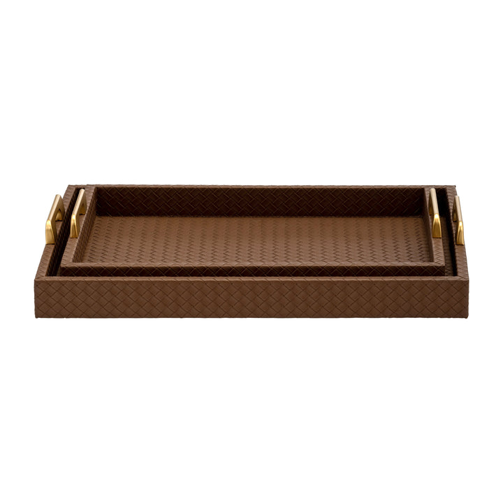 S/2 16/18"L FAUX LEATHER WEAVE TRAYS, COGNAC