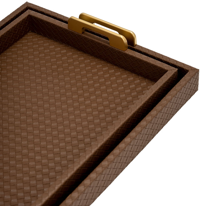 S/2 16/18"L FAUX LEATHER WEAVE TRAYS, COGNAC