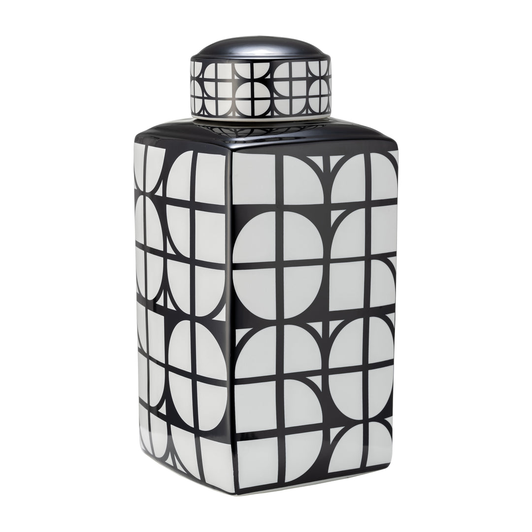 CER, 18"H SQUARE JAR W/ LID, BLACK/WHITE