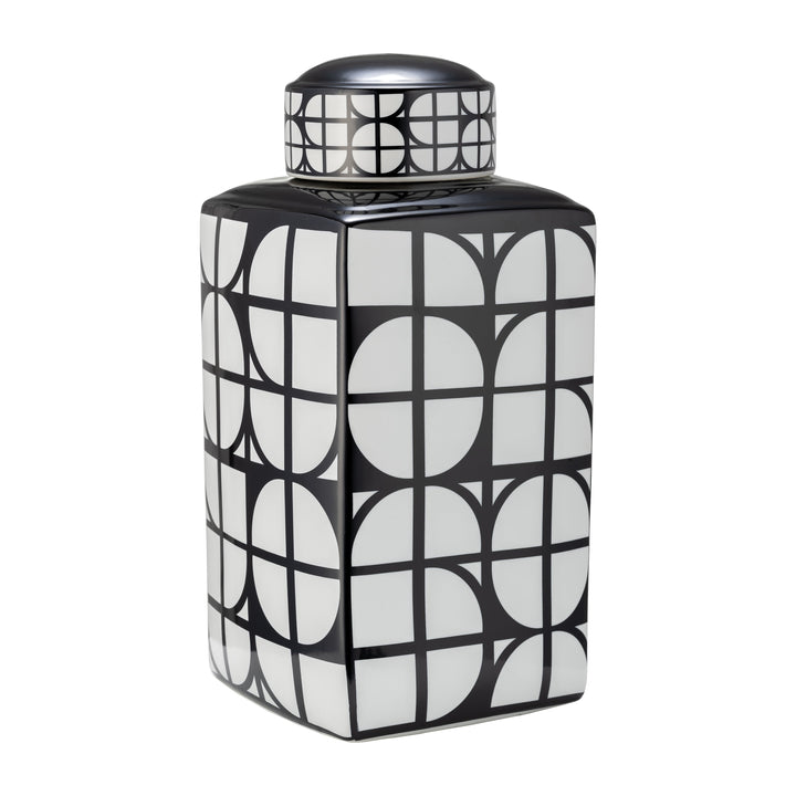 CER, 18"H SQUARE JAR W/ LID, BLACK/WHITE