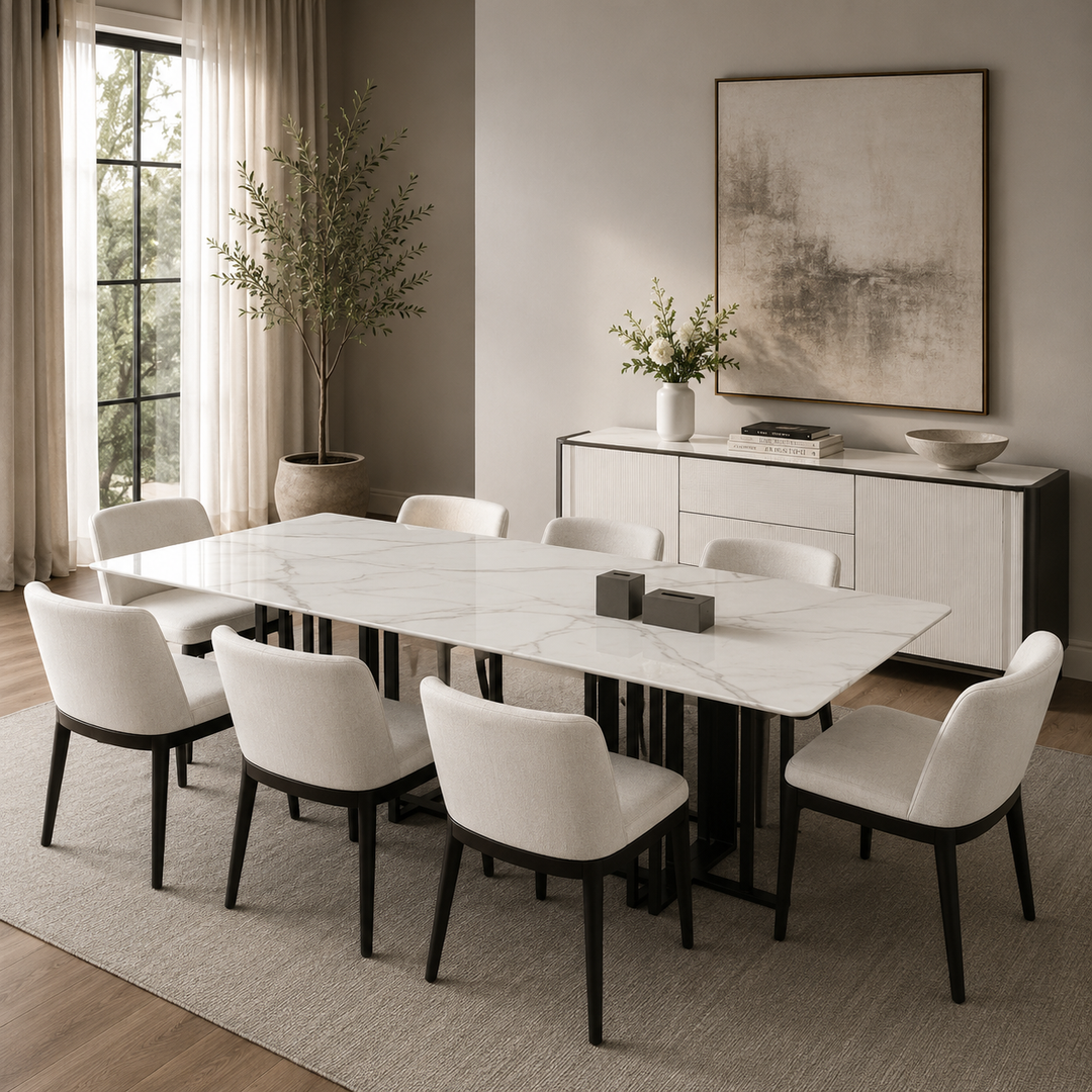 Black Bars Marble Dining Table- 8 Persons-Set