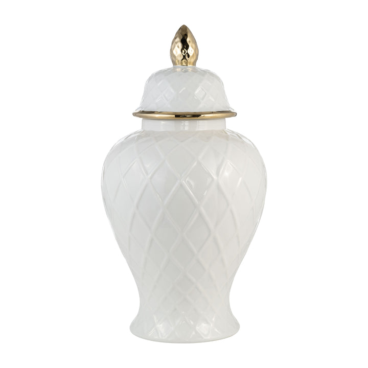 CER, 20"H ROPE TEMPLE JAR, WHITE/GOLD