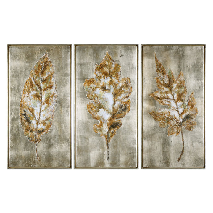 Champagne Leaves Hand Painted Canvases, S/3