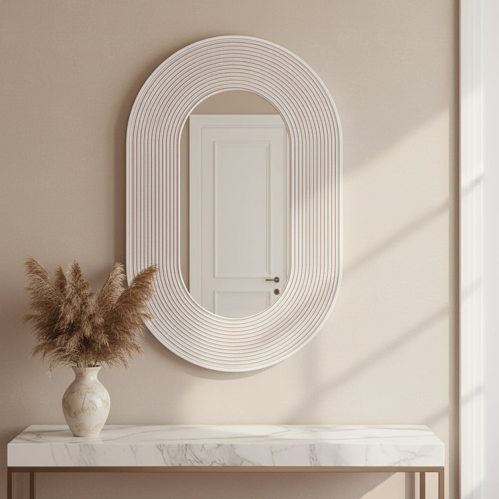 36" RIBBED OVAL MIRROR, WHITE ANTIQUE