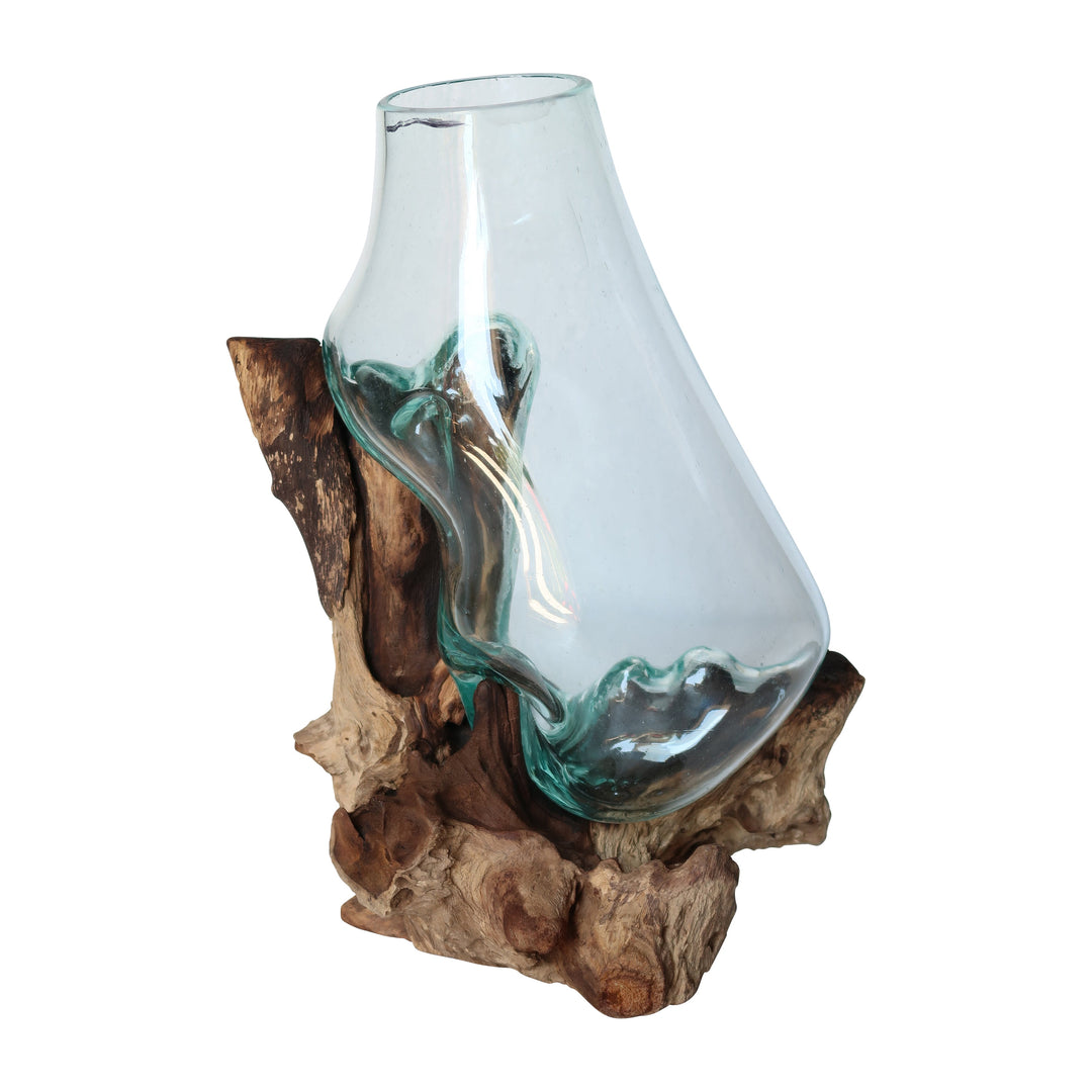 GLASS 16"H VASE IN WOOD STAND, BROWN