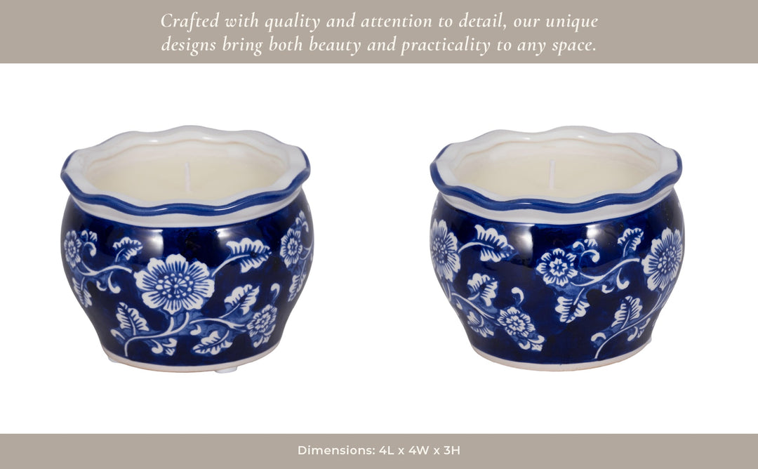 4", 7oz Round Chinoiserie Candle , Blue/white