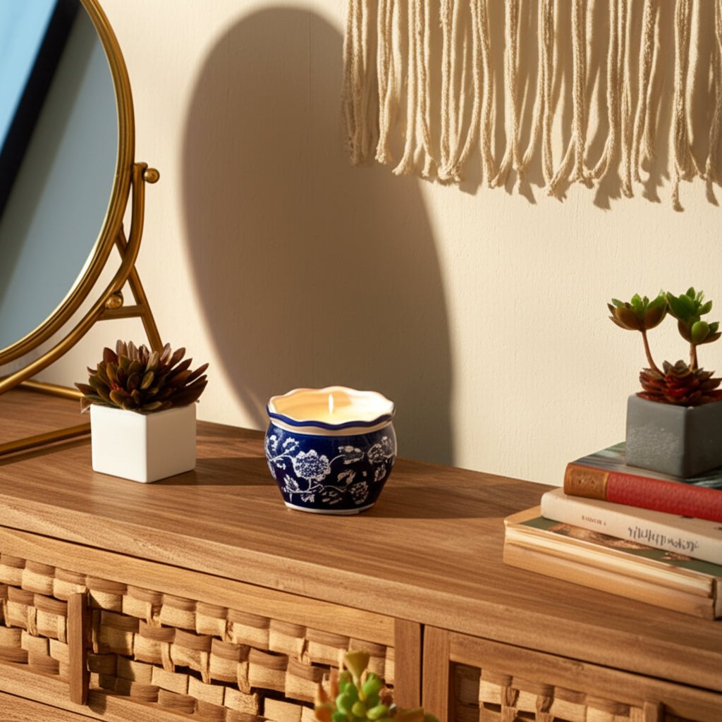 4", 7oz Round Chinoiserie Candle , Blue/white