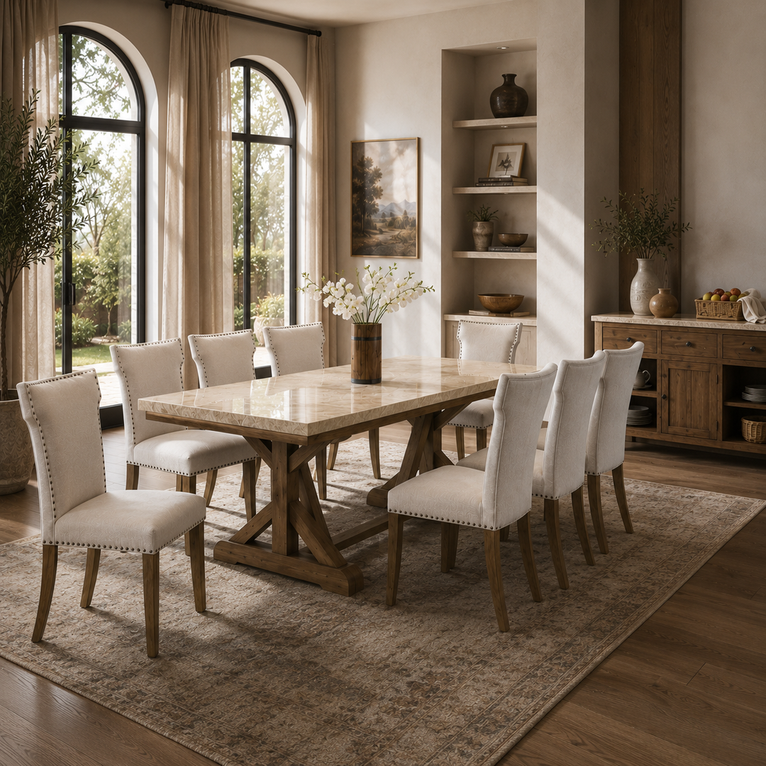Xavier Marble Top Brown 8 Seater Dining Set