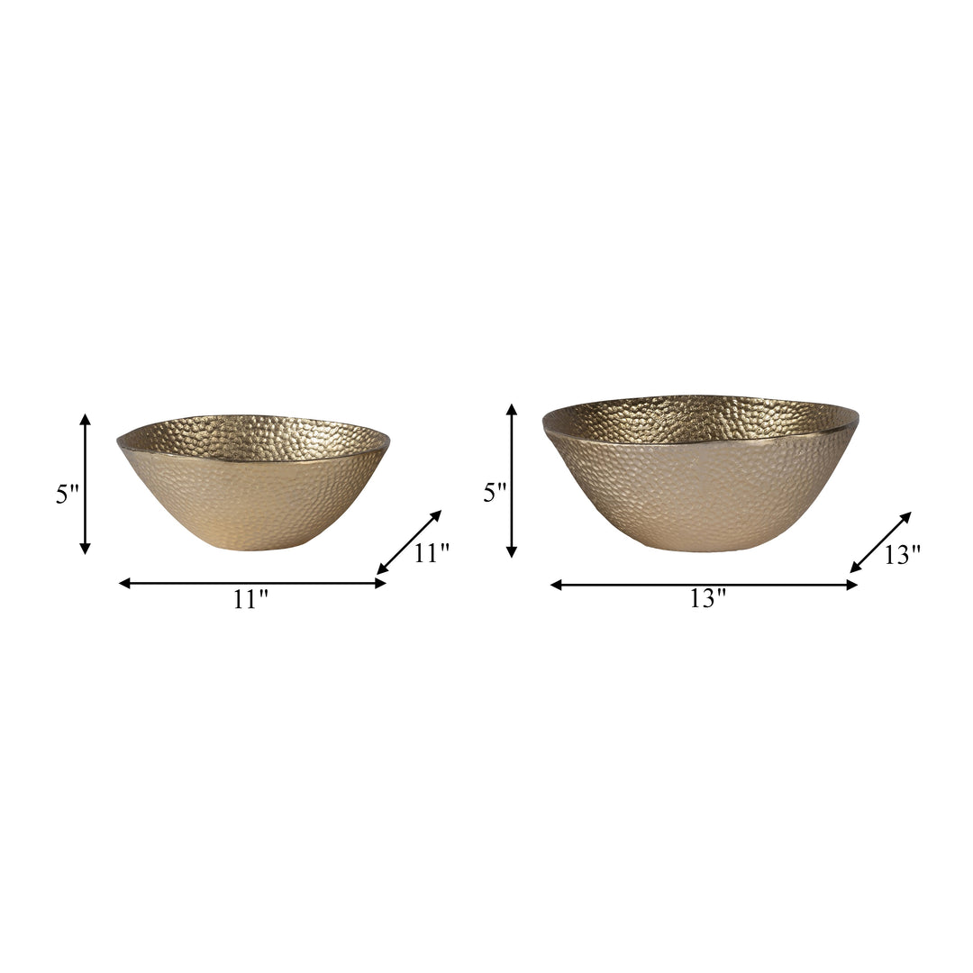 METAL,S/2 11/13", ROUND HAMMERED BOWLS,CHAMPAGNE