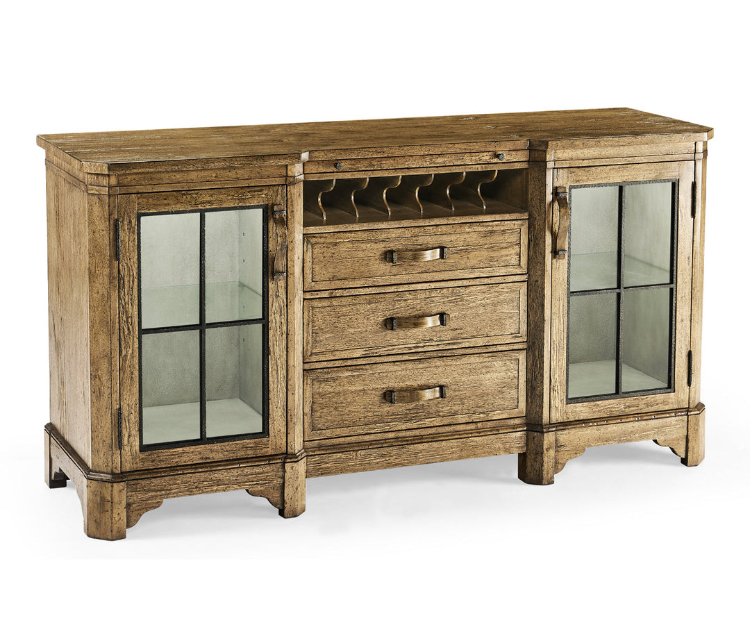 JC Edited - Casually Country Collection - Plank Medium Driftwood Low Cabinet & Wine Rack with Strap Handles