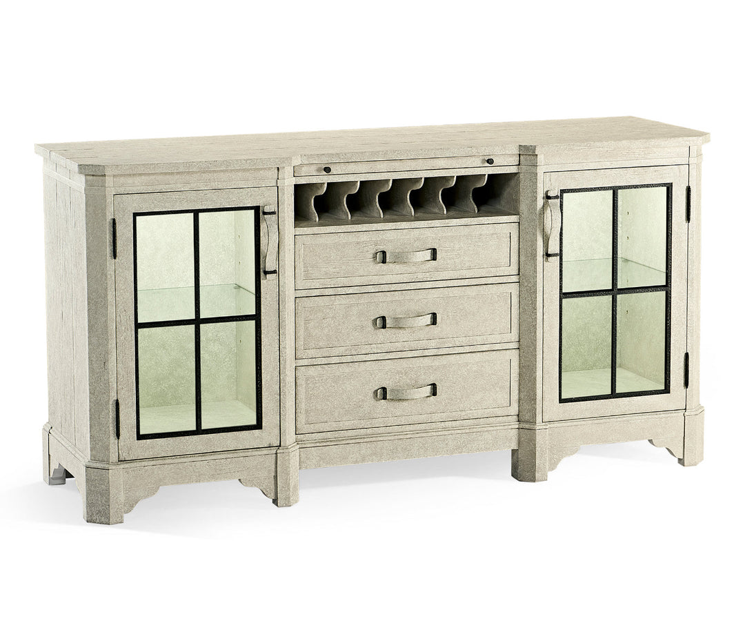 JC Edited - Casually Country Collection - Plank Whitewash Driftwood Low Cabinet & Wine Rack with Strap Handles