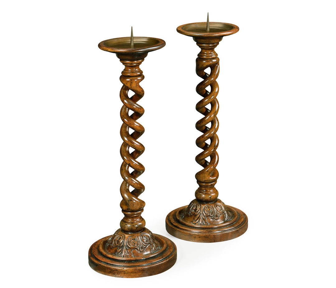 Pair of Open Barley Twist Light Walnut Candlesticks
