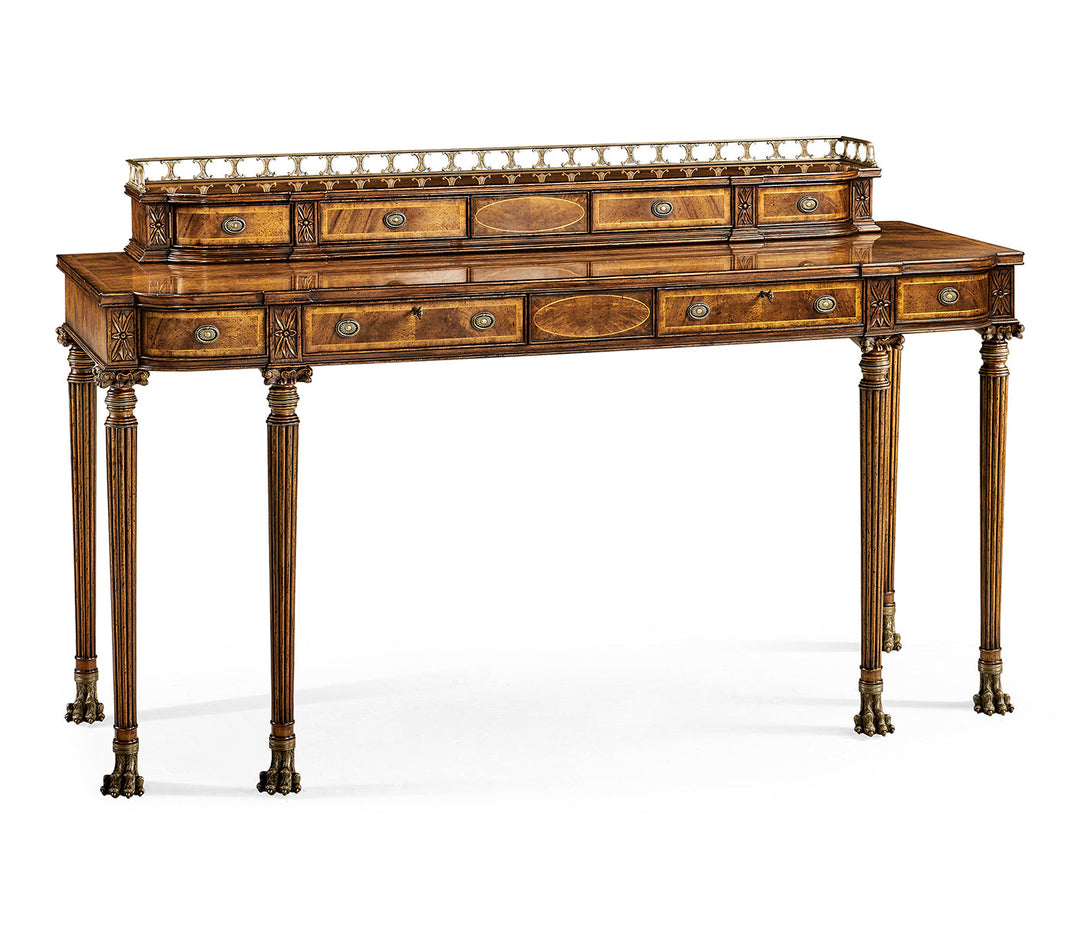 Crotch walnut buffet or serving table with brass gallery