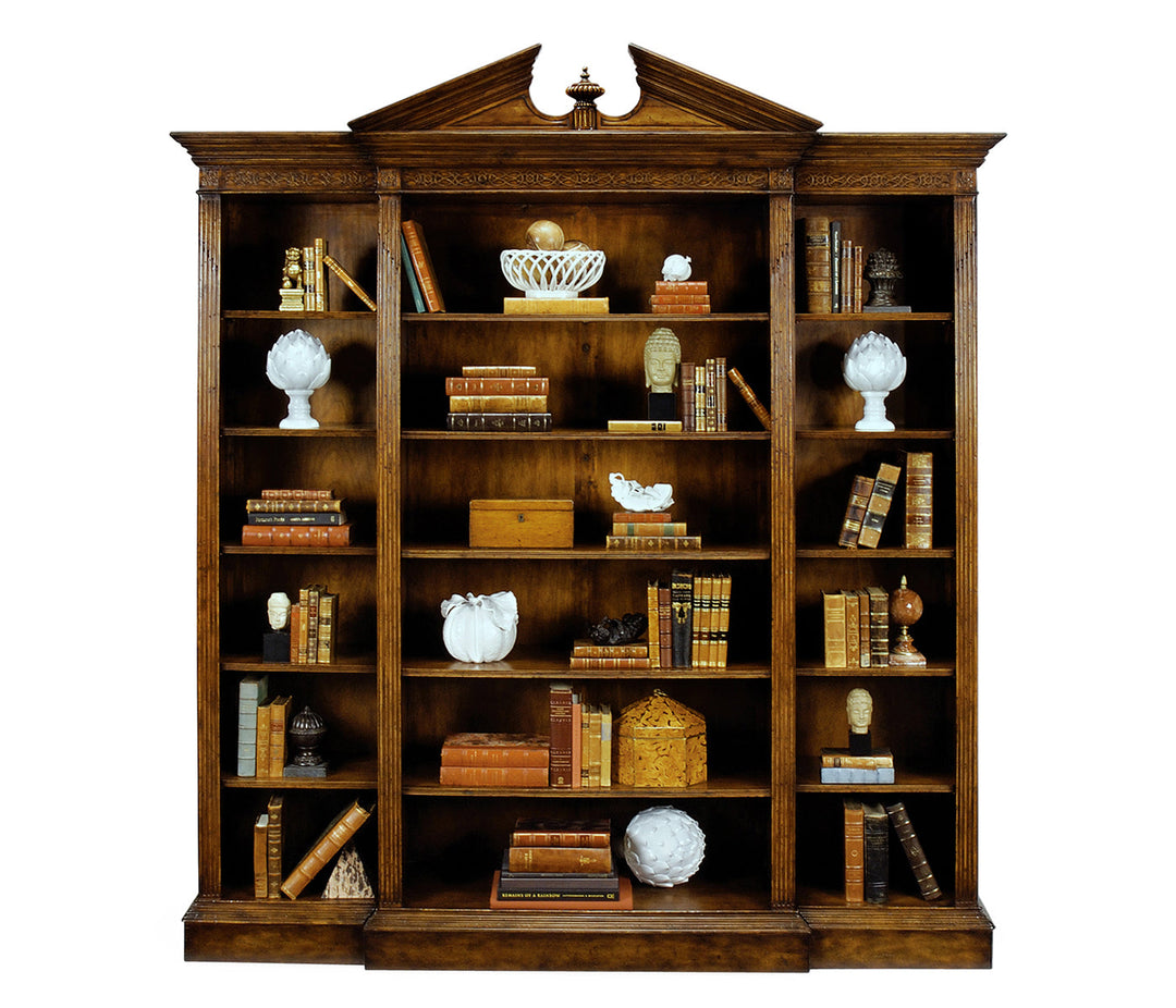 Windsor Collection - Triple Breakfront Walnut Open Bookcase with Pediment