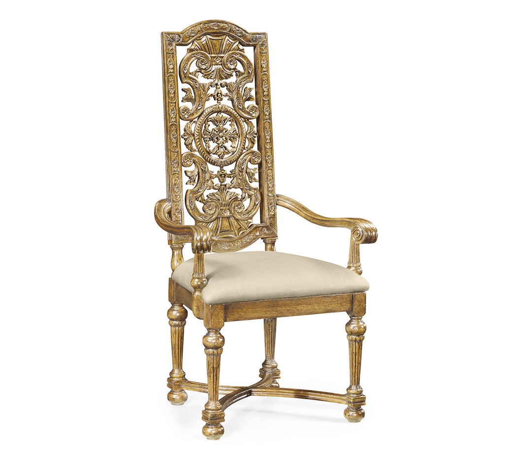 Sherwood Oak Collection - Jacobean Style Natural Oak Pierced Back Arm Chair