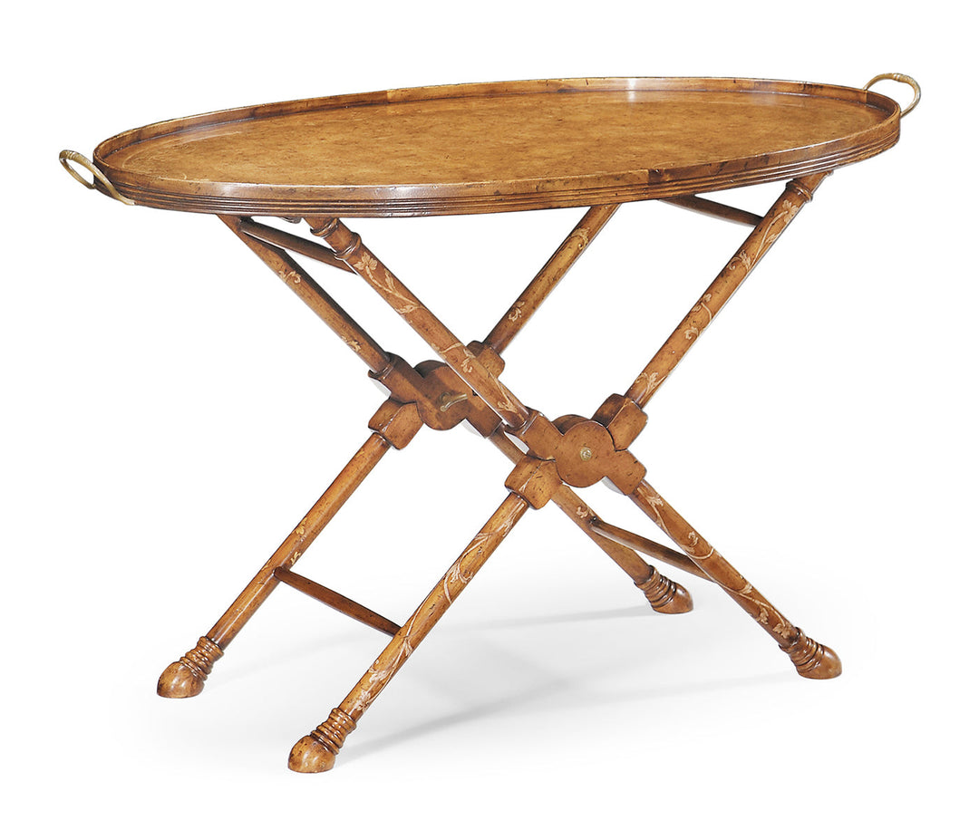 Windsor Collection - Oval Burl Walnut Tray on Stand with Floral Inlay