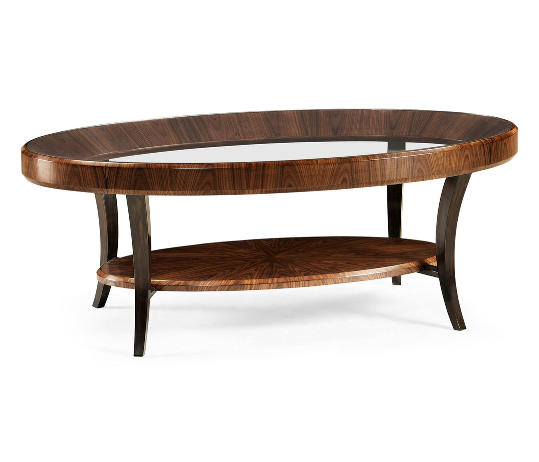 JC Modern - Santos Collection - Art Deco Oval Glass Topped Satin Coffee Table