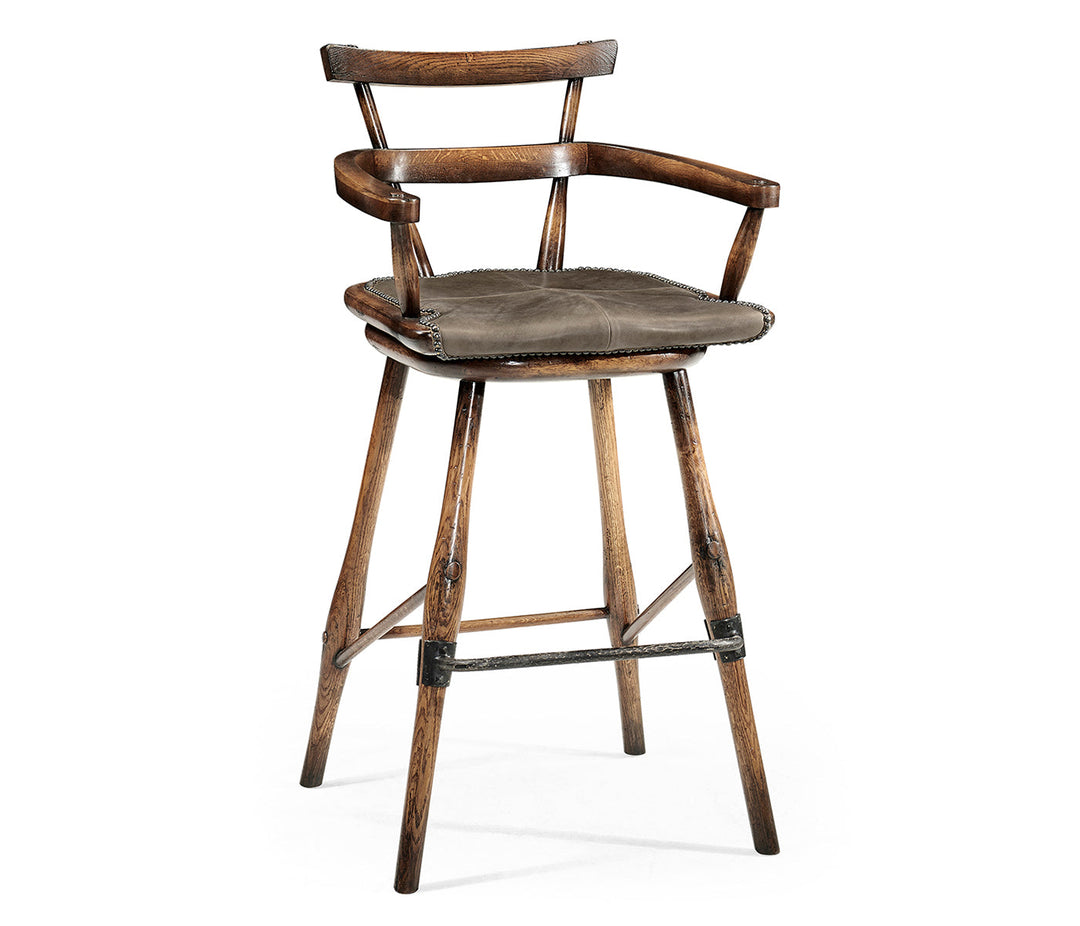 JC Edited - Casually Country Collection - Dark Brown Oak Arm Bar Stool with Studded Haven Leather Seat