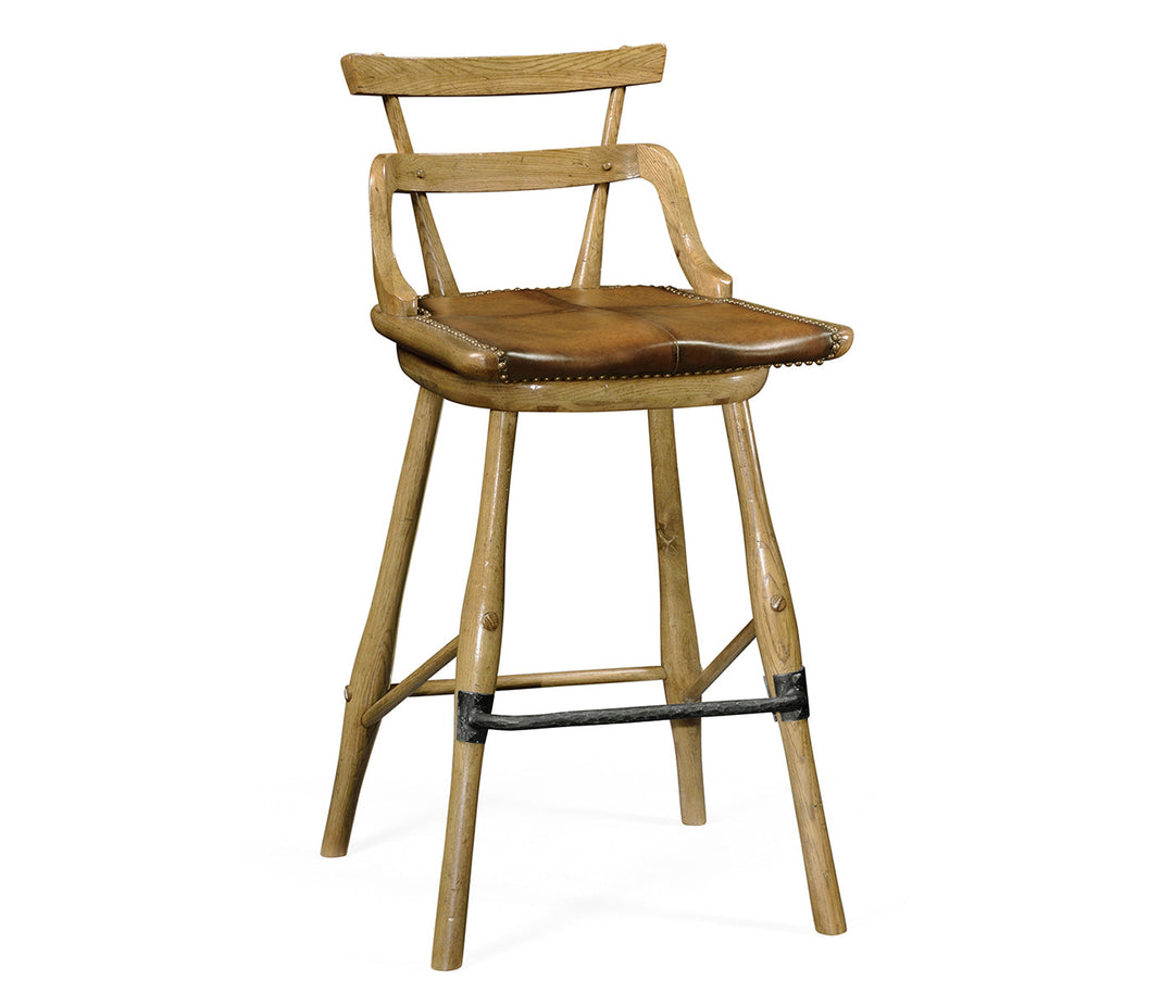 Sherwood Oak Collection - Natural Oak Side Bar Stool with a Studded Antique Chestnut Leather Seat