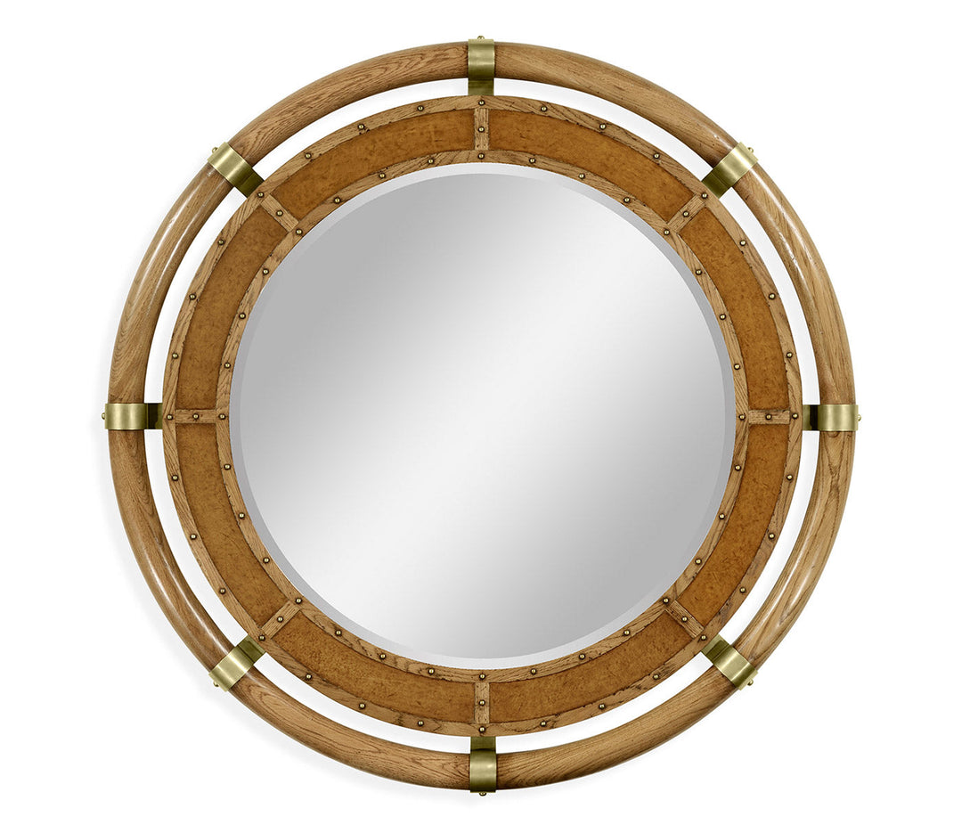 JC Edited - Voyager Collection - Circular Nautical Style Oak and Leather Mirror