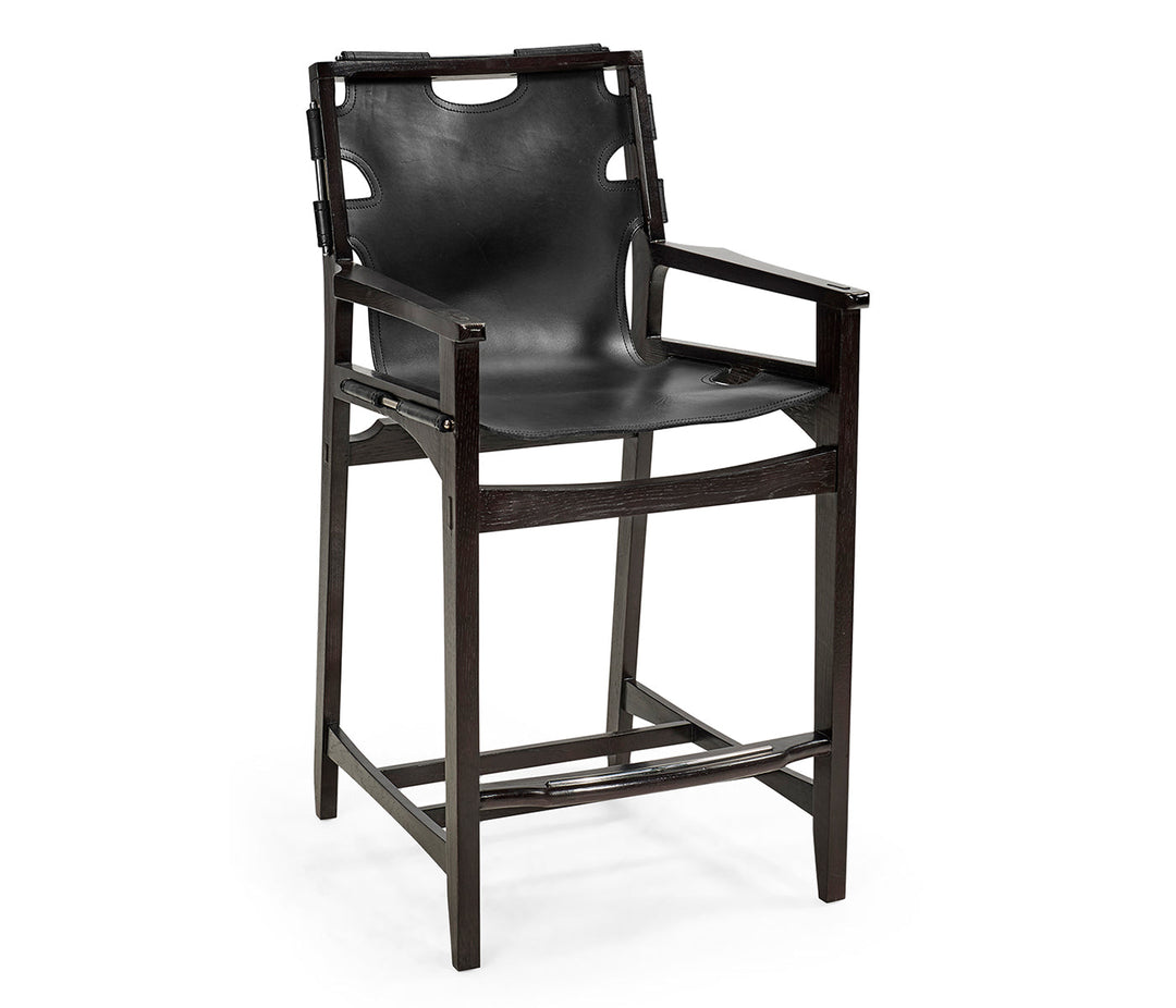 JC Edited - Architects House Collection - Midcentury Style Slung Black Leather & Black Mocha Oak Counter Stool