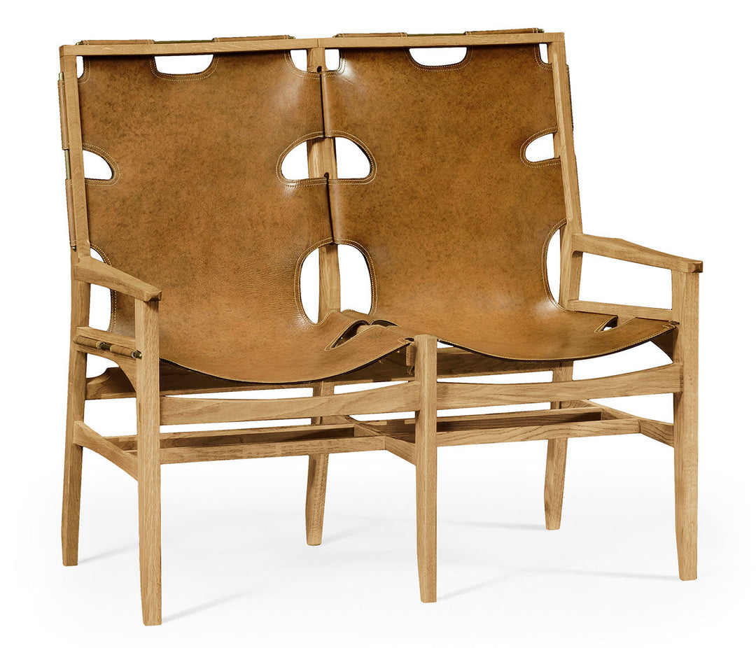 JC Edited - Architects House Collection - Midcentury Style Slung Leather & Light Oak Two Seat Bench