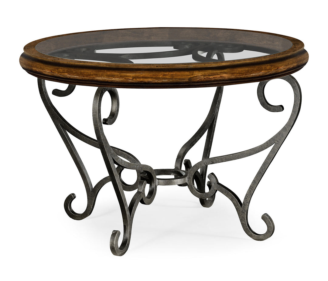 JC Edited - Artisan Collection - Rustic Walnut and Glass Top Centre Table with Wrought Iron Base