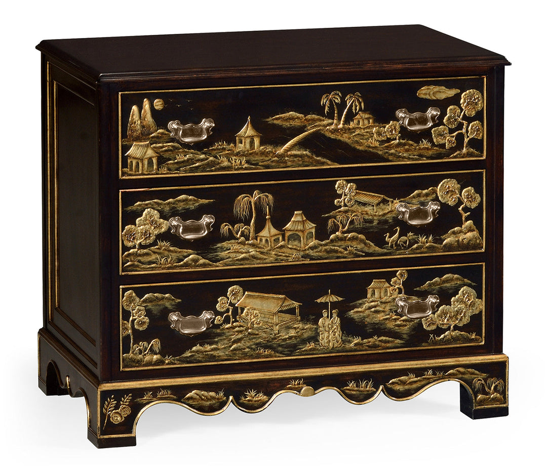 Kensington Collection - Chinoiserie Style Ebonised Bedside Chest of Drawers