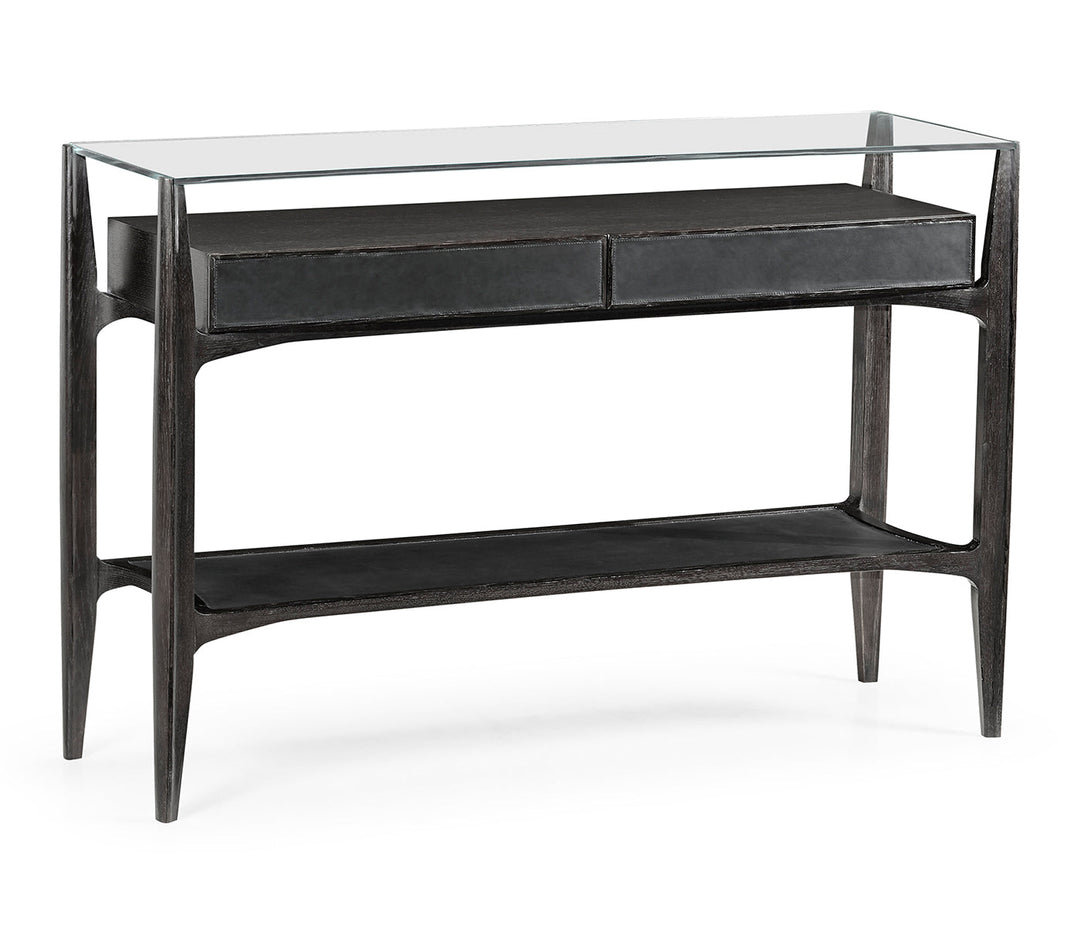 JC Edited - Architects House Collection - Architects Black Leather & Black Mocha Oak Console Table with Drawers and Glass Top