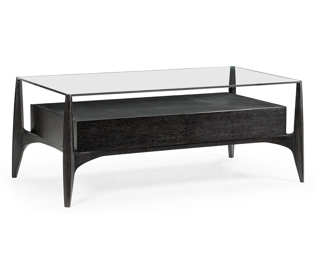 JC Edited - Architects House Collection - Architects Black Leather & Black Mocha Oak Cocktail Table with Drawers and Glass Top