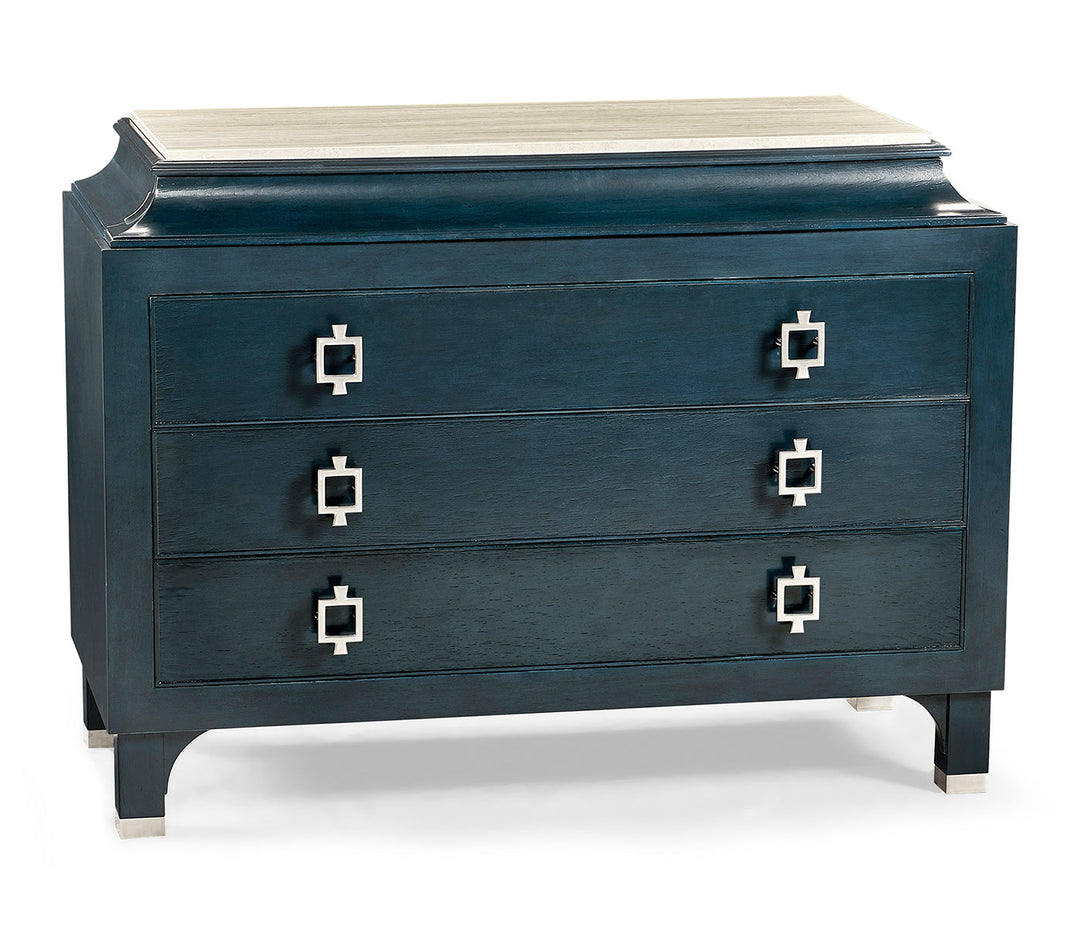 JC Modern - Corniche Collection - Antique Blue Oak Chest of Drawers with Marble Top